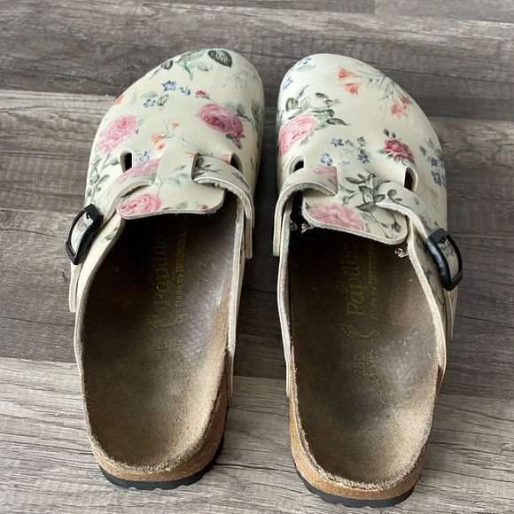Birkenstock Papillio Boston Poetry Leather Ivory Floral Slip-on Clog Mule - Picture 2 of 5